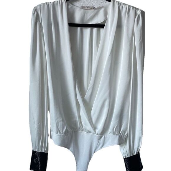 NEW RAMY BROOK IVORY SELENA WRAP FRONT SEQUIN BEADED CUFFS SATIN BODYSUIT TOP M - Picture 6 of 6